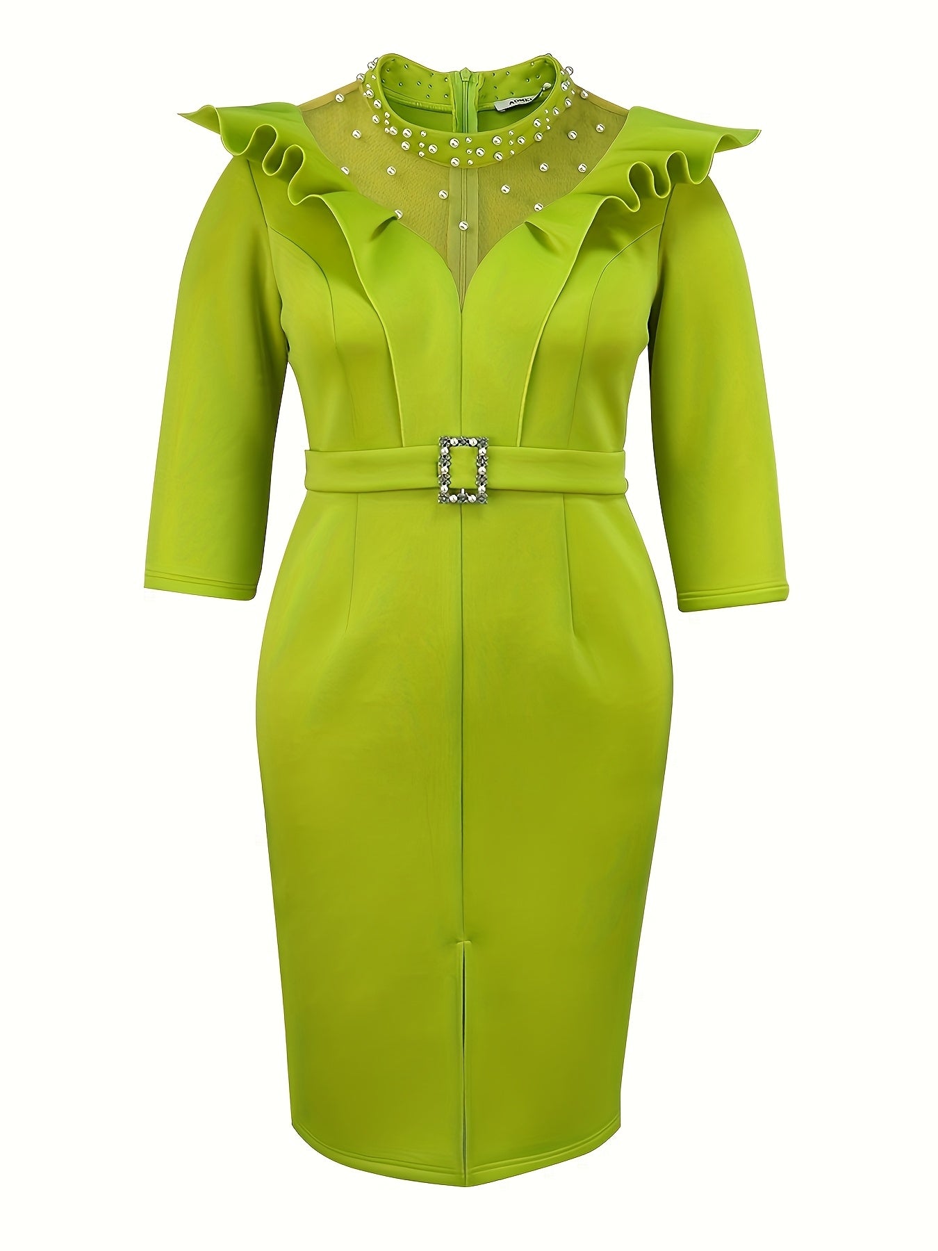 Women's Green Bodycon Evening Dress with Ruffles Beaded Belt Mid-Length