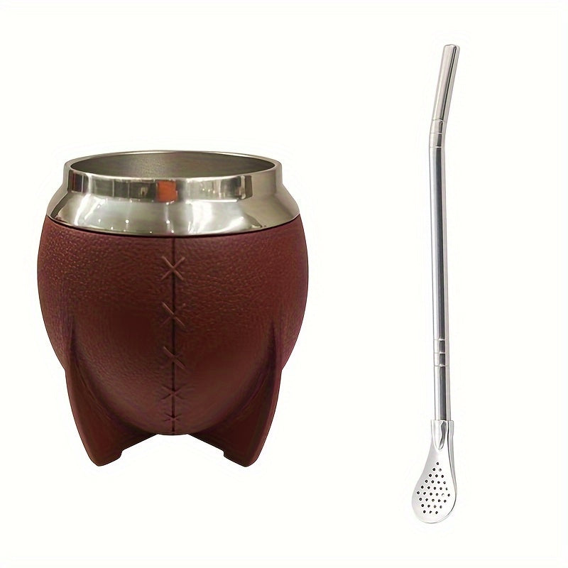 280ml Stainless Steel Yerba Mate Cup with Leather Strap and Double Wall Design