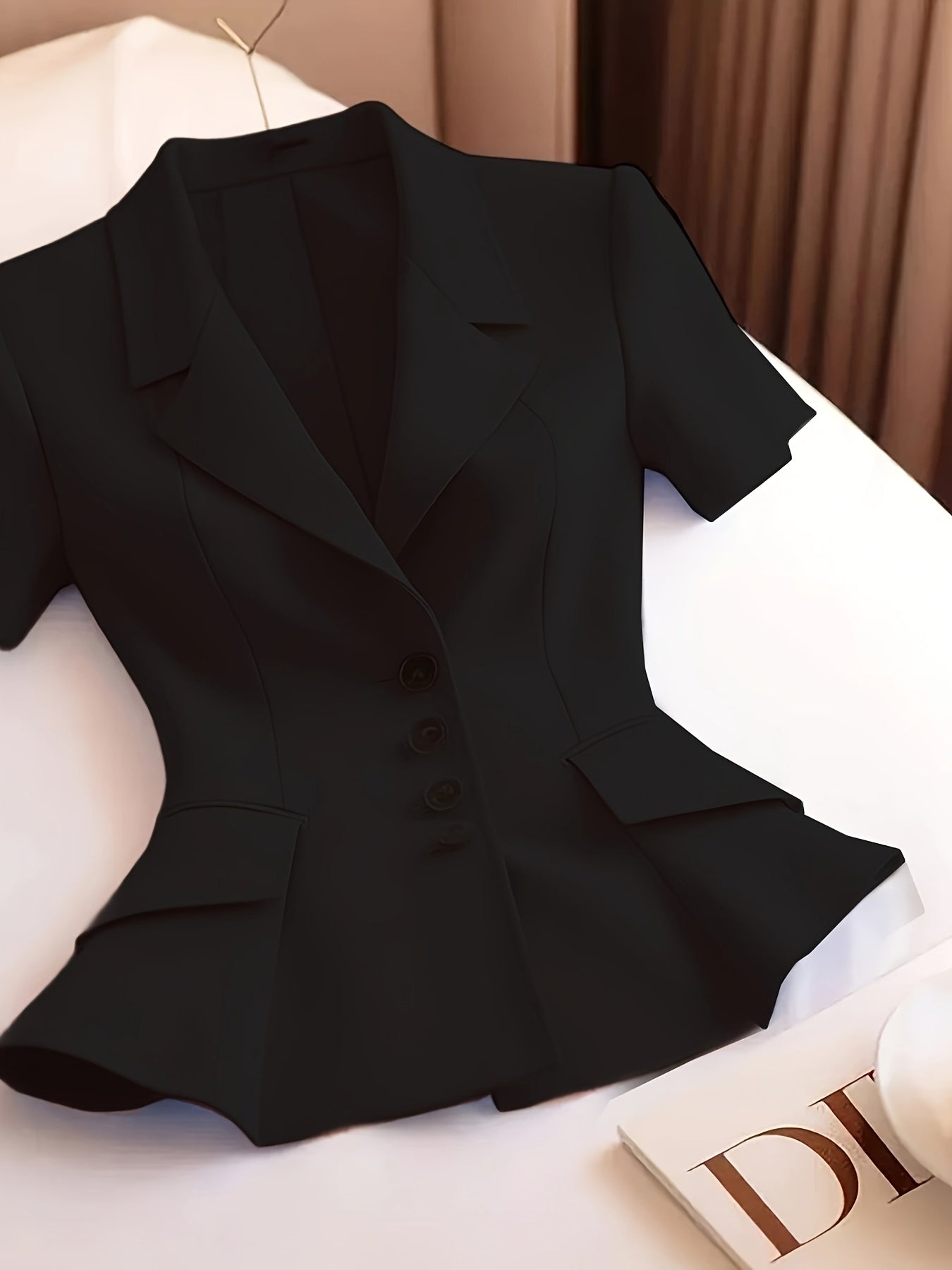 Pink Women's Blazer Short Sleeve Ruffled Hem Slimming Fit Office Casual Polyester