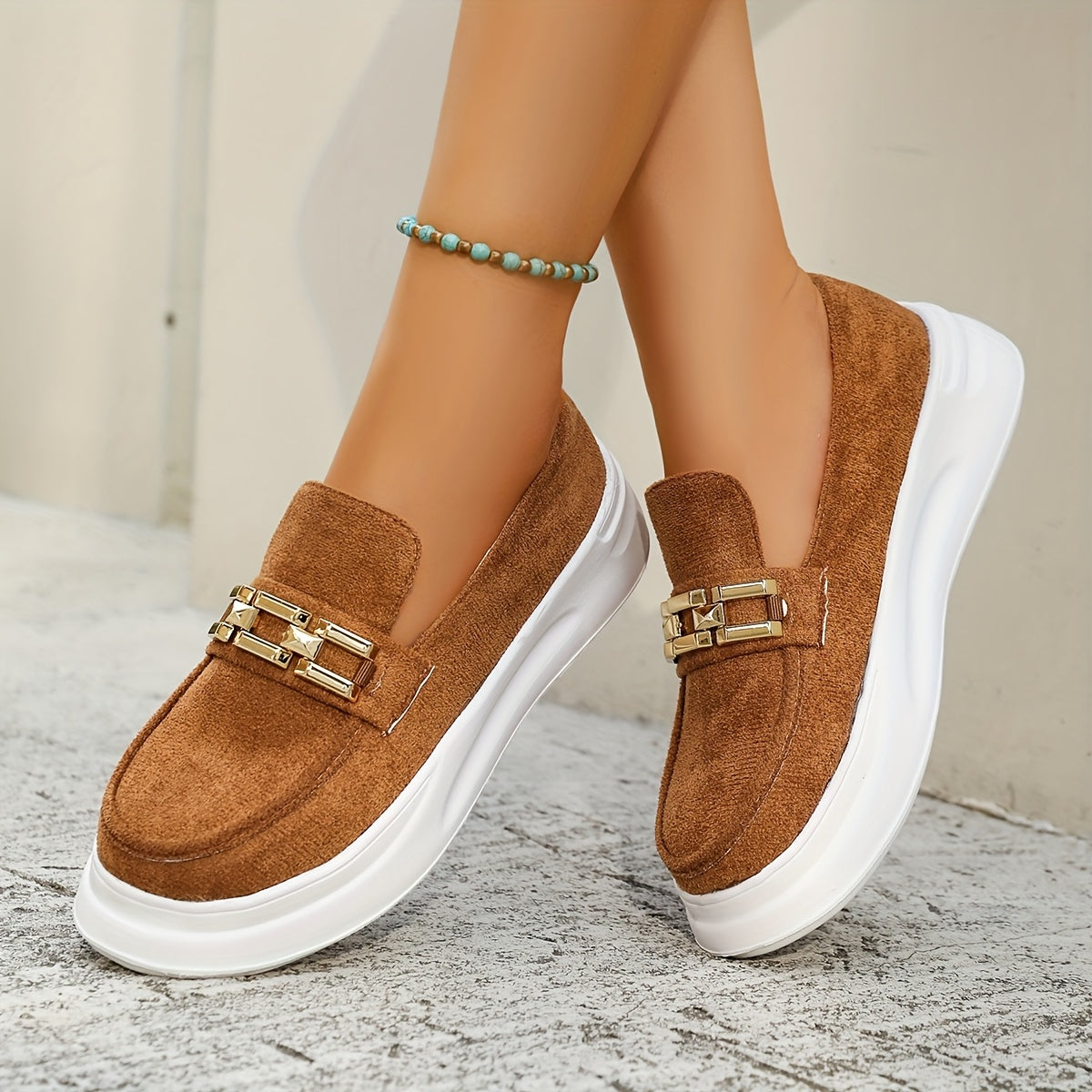 Women's Slip-On Platform Shoes Beige Cushioned Sole Casual Office Slip-Ons