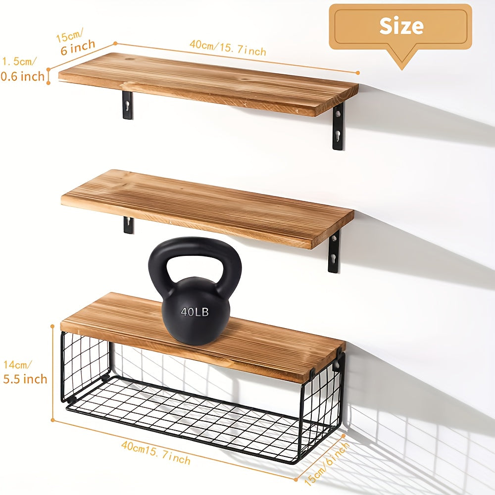 Carbon Black Bathroom Floating Shelves with Storage Basket Space-Saving Wall Organizer