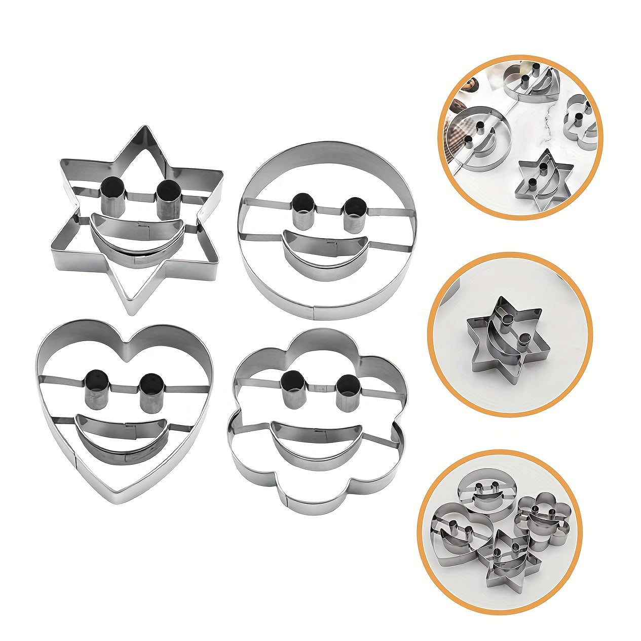 Set of 4 Stainless Steel Smiling Face Cookie Cutters for Baking Pastries and Biscuits