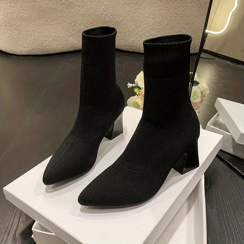 Women's Knitted Chunky Heel Ankle Boots Black Slip-On Casual Style