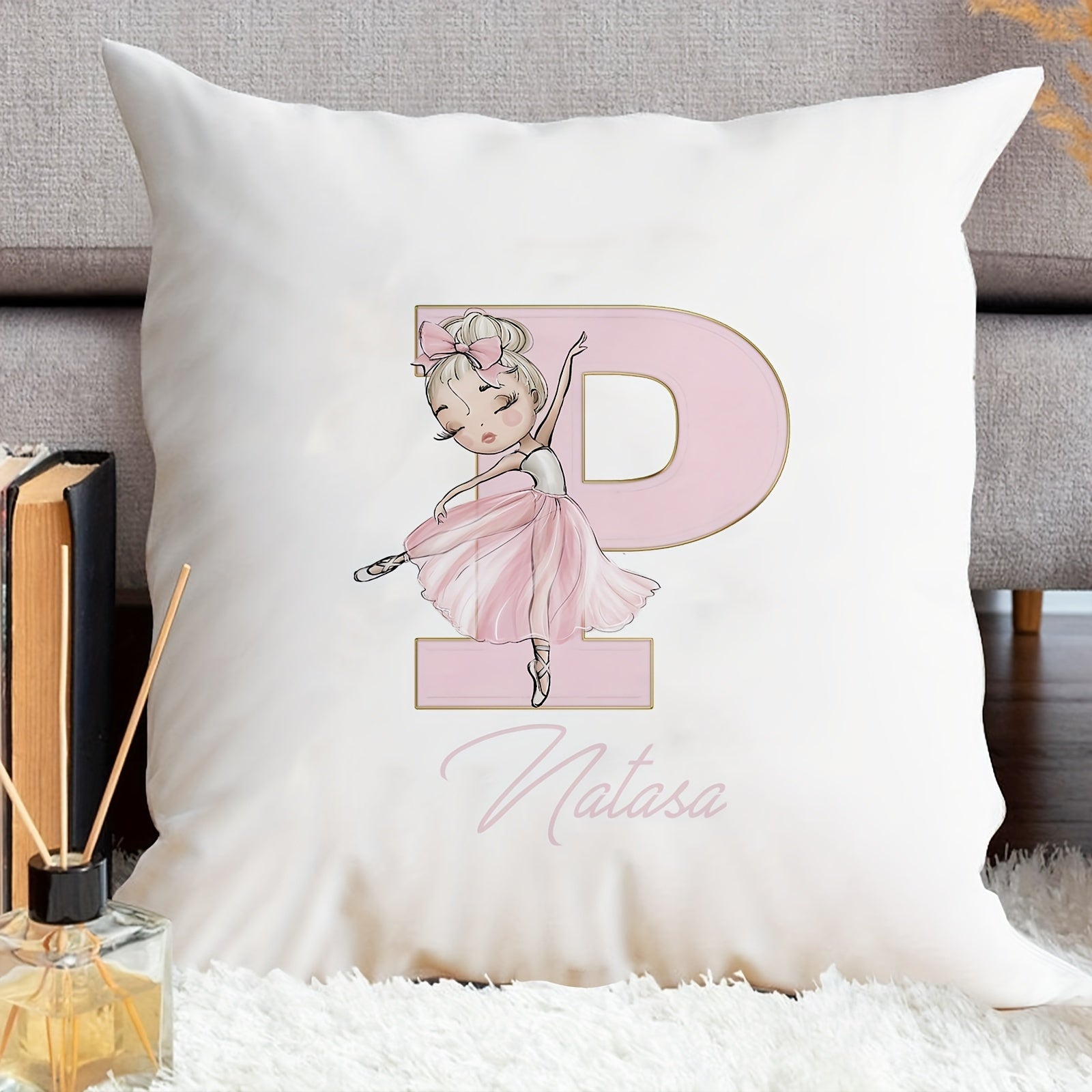 Shaxsiylashtirilgan samoviy yostiq qopqog'i, balet qiz dizayni bilan, pushti harflar, divan uchun dekor, bitta tomonli bosma