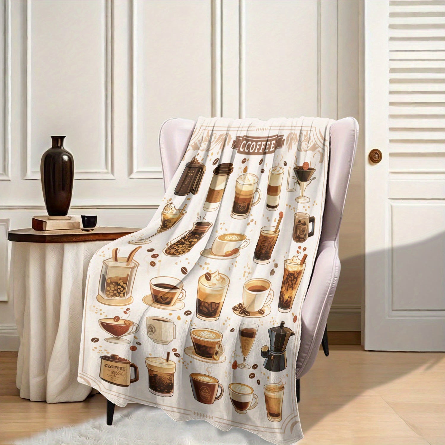 Contemporary Flannel Fleece Throw Blanket with Coffee Print Soft Polyester All-Season Home Decor