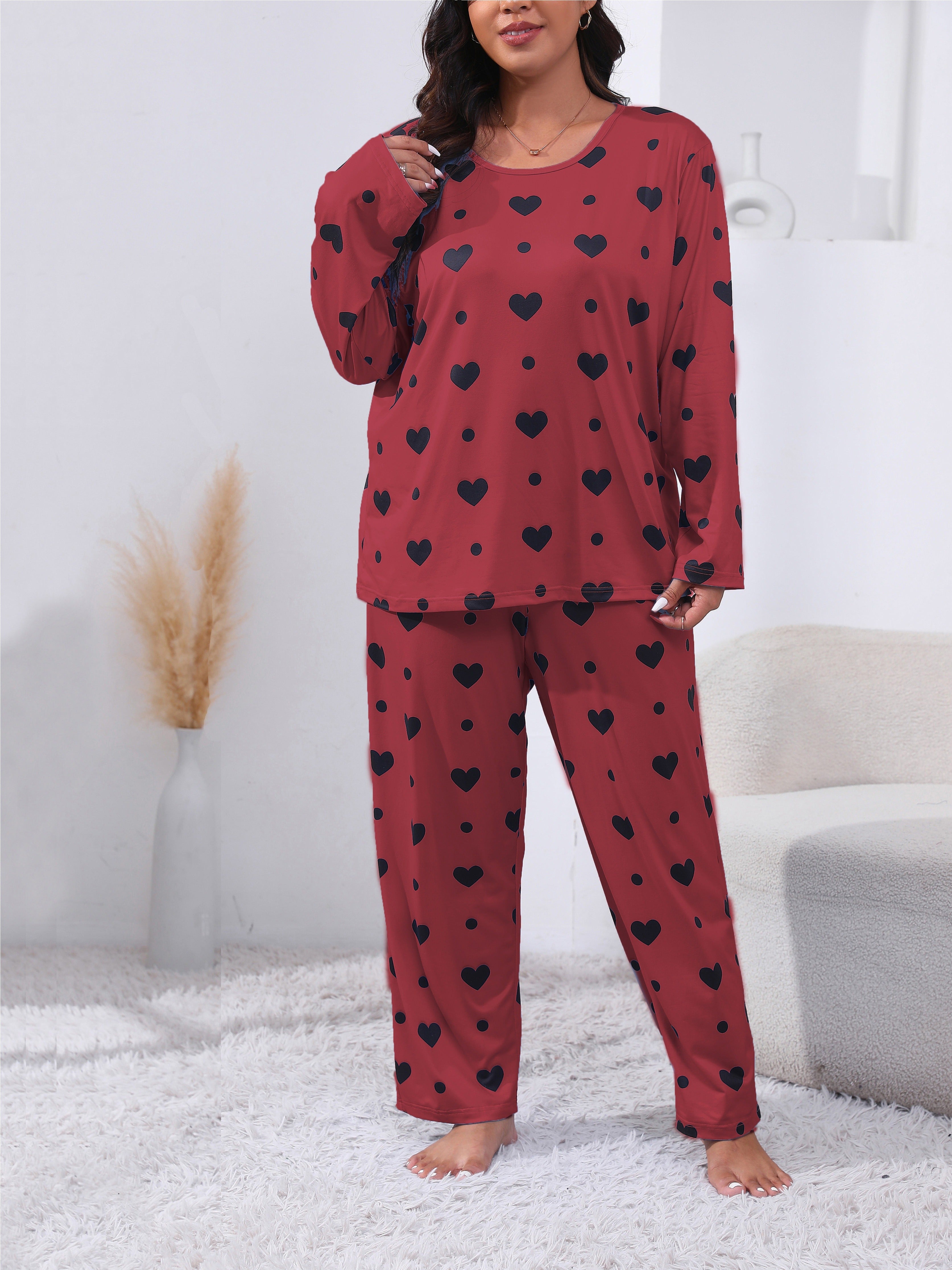 Plus Size Women's Pajama Set Long Sleeve Heart Print Lounge Two Piece