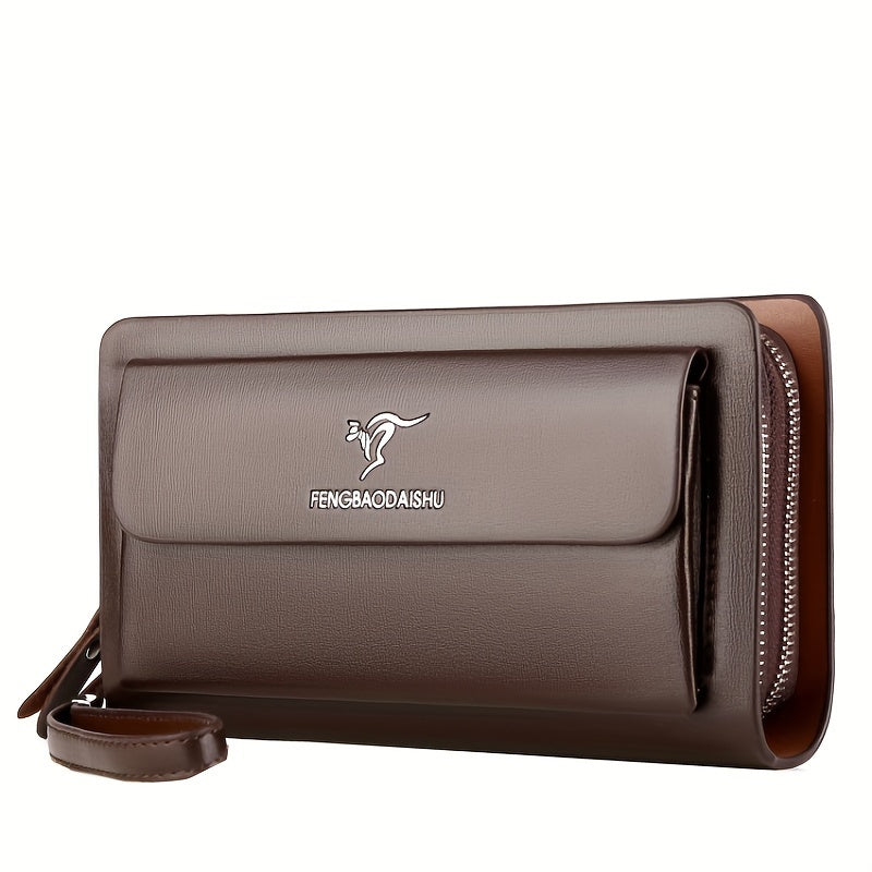 Men's Faux Leather Multi-Layer Business Handbag with Flap Phone Clutch and Card Slots