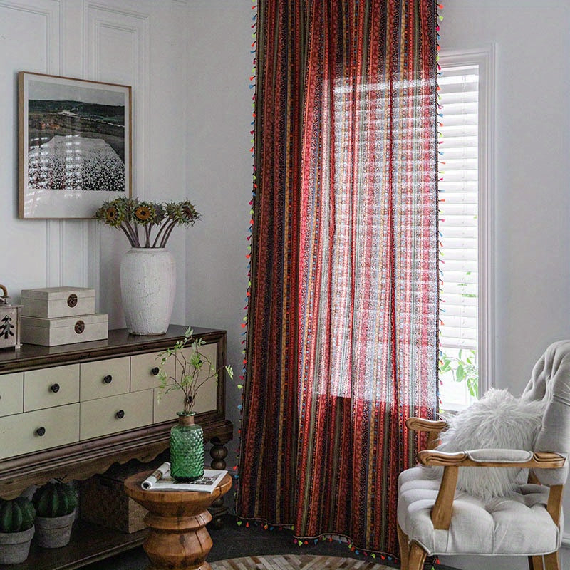 Cortina de estilo bohemio de granja con rayas rojas y borlas para dormitorio, sala de estar y decoración del hogar