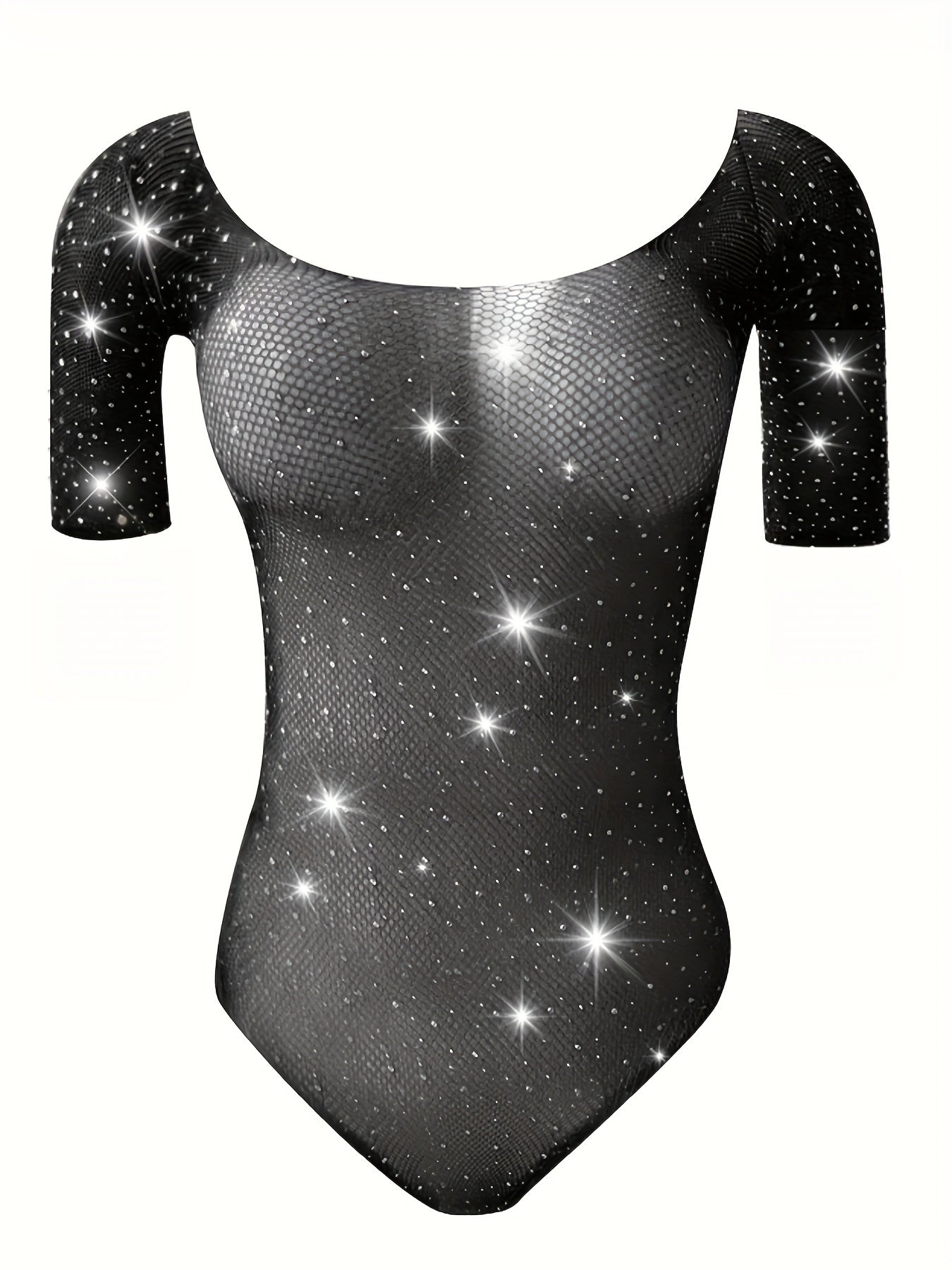 Women's Sparkling Rhinestone Bodysuit with Sheer Mesh and Short Sleeves