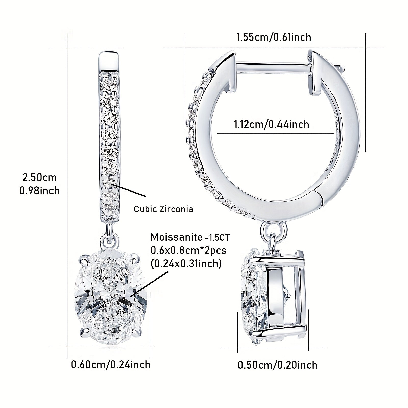 Ushbu nafis kumush sirg'alar sintetik moissanit toshlaridan iborat bo'lib, har biri 1.5ct vaznida. Asosiy toshlar 6x8mm o'lchamda bo'lib, ajoyib porlashni taqdim etadi. Ushbu osma sirg'alar har qanday kiyimga jozibadorlik qo'shish uchun mukammaldir.