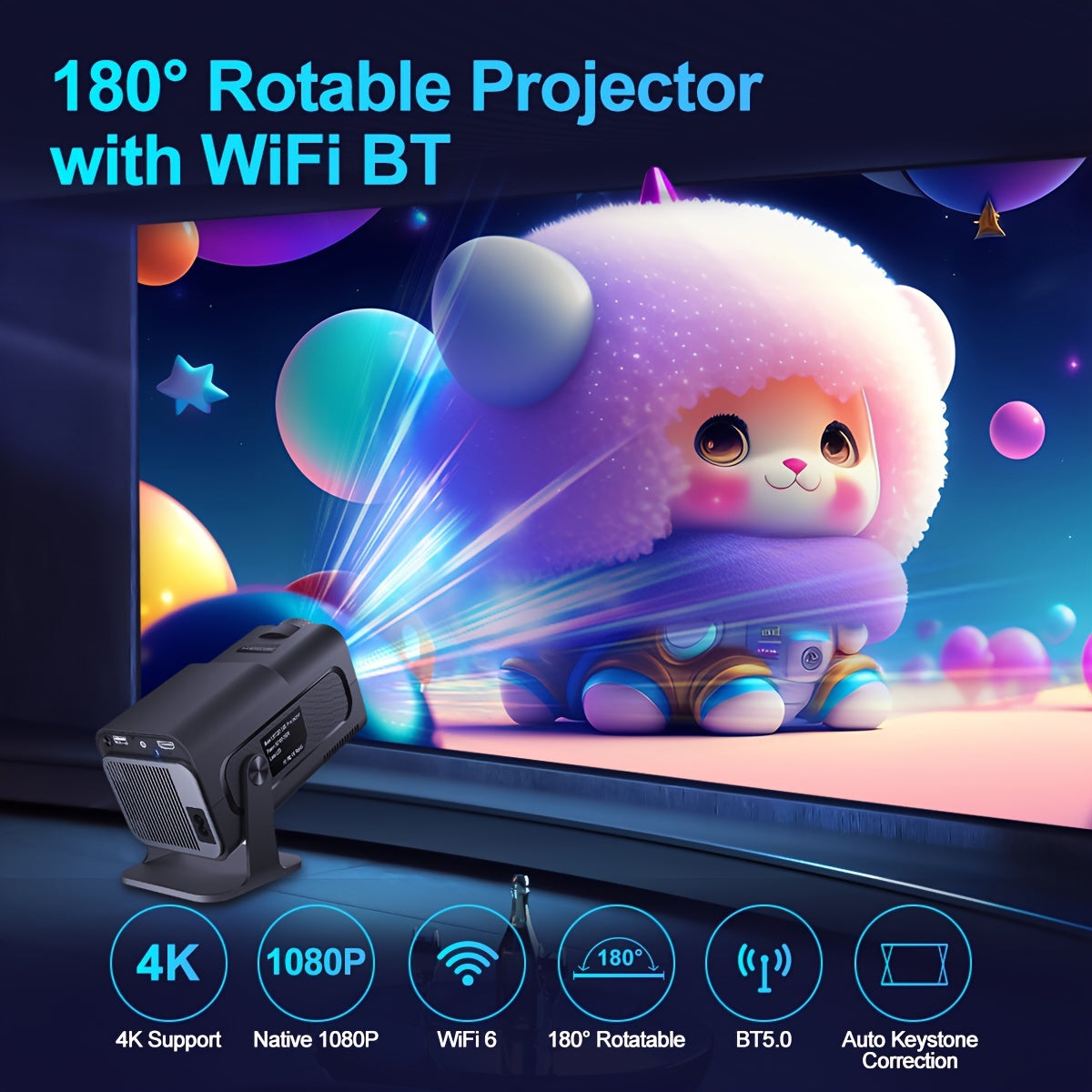 4K Android Projector 1080P WiFi6 Wireless 390 ANSI Lumens Portable Cinema Display
