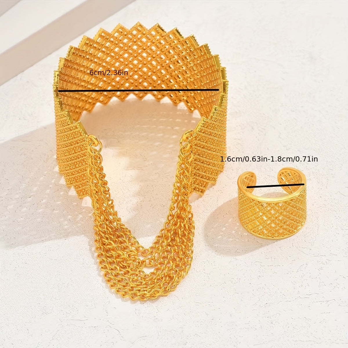 18K oltin qoplamali vintage hashamatli bilaguzuk va uzuk to'plami, nozik O'rta Sharq filigree kelin to'y zargarlik buyumlari, barcha fasllar uchun bo'sh sink qotishmasi bilaguzuk