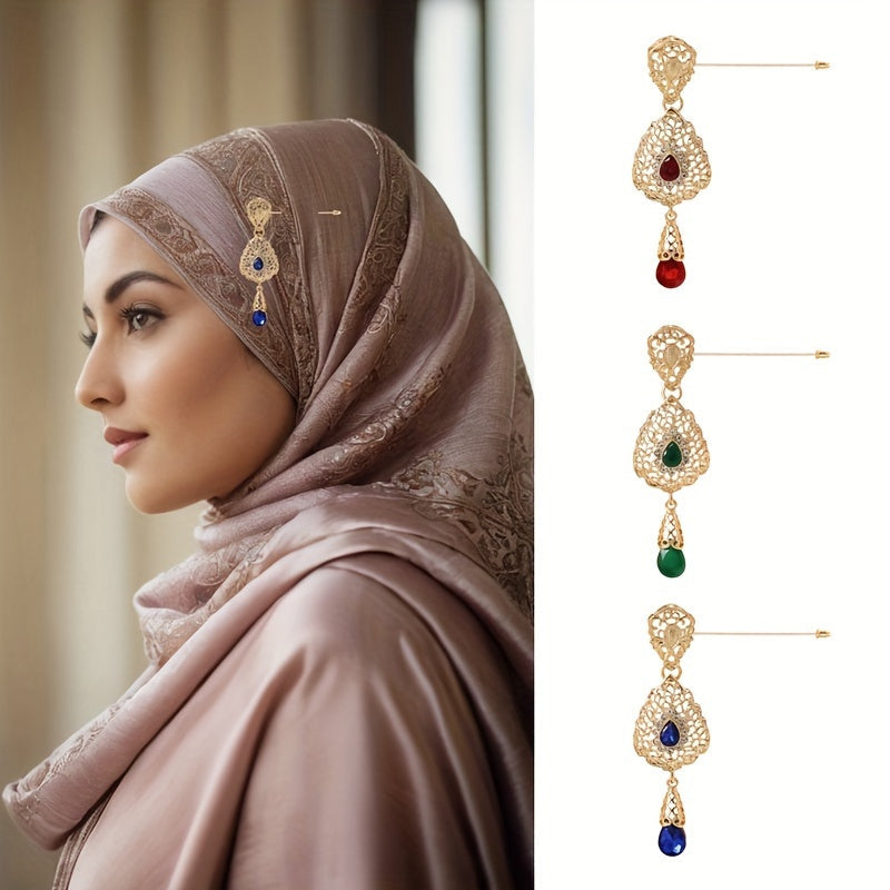 Hollow Alloy Hijab Pin with Rhinestones Vintage French Style Irregular Design