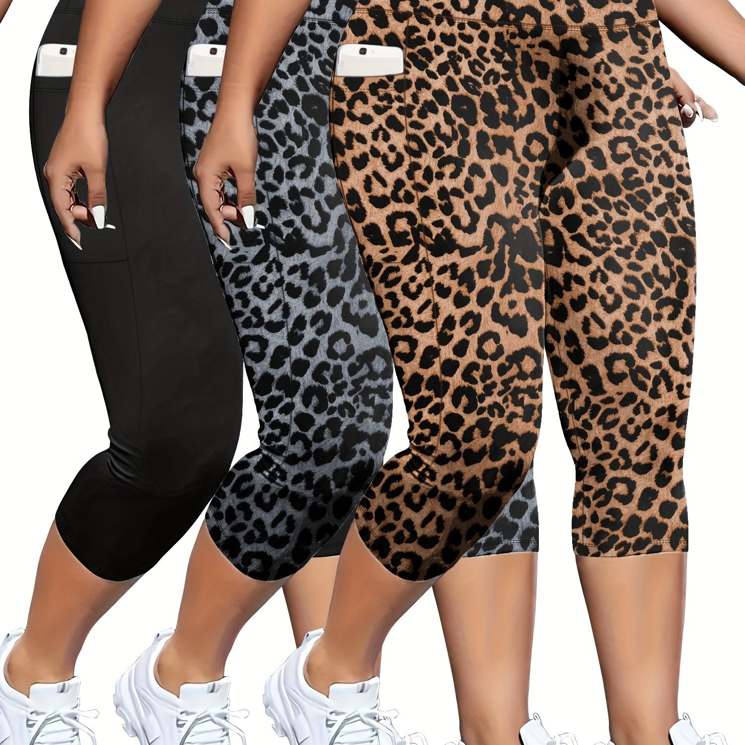 Plus Size Women Capri Leggings 3 Pack Tummy Control High Waist Pockets