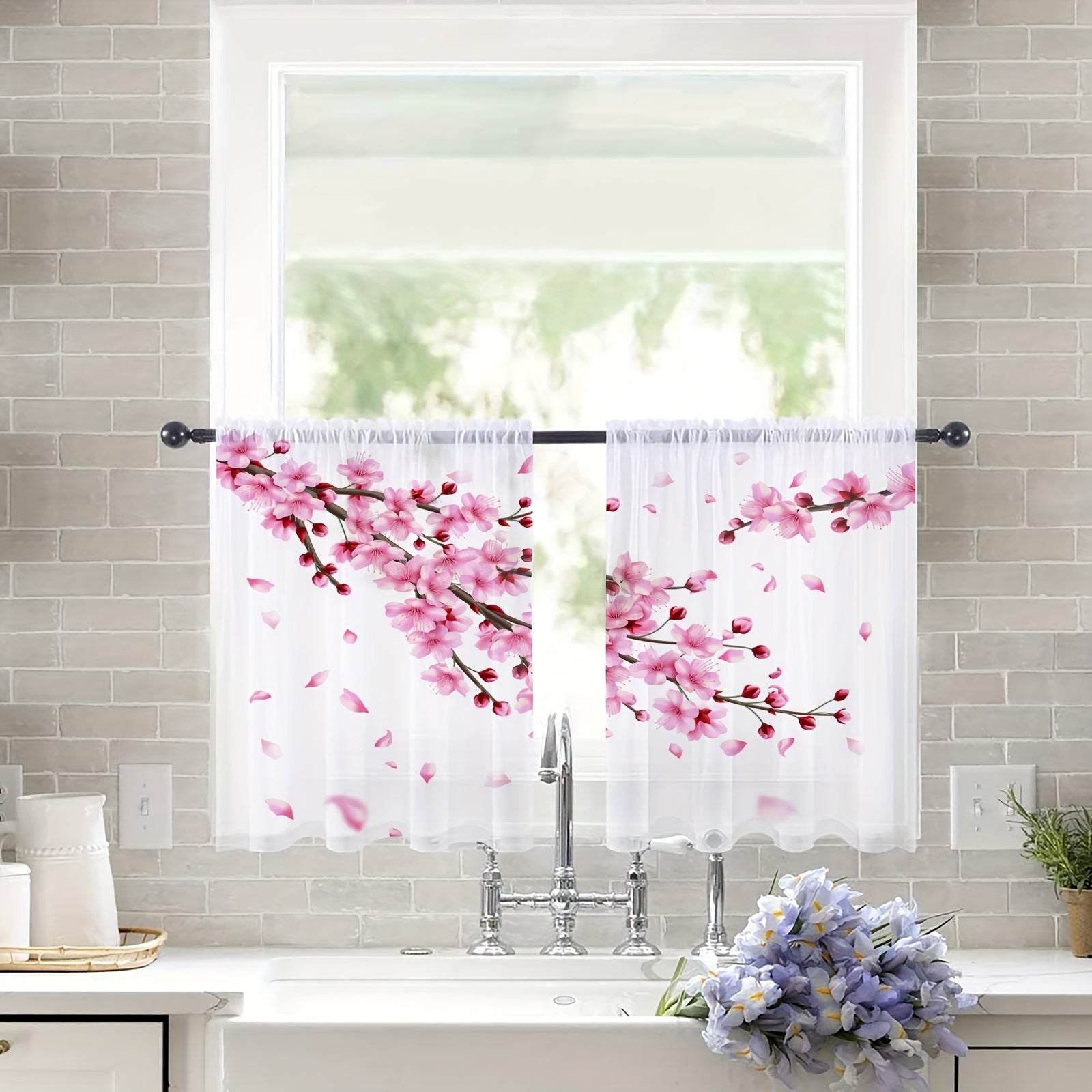 Par de cortinas de cerezo en flor con bolsillo para barra, diseño de pétalos caídos para decoración del hogar