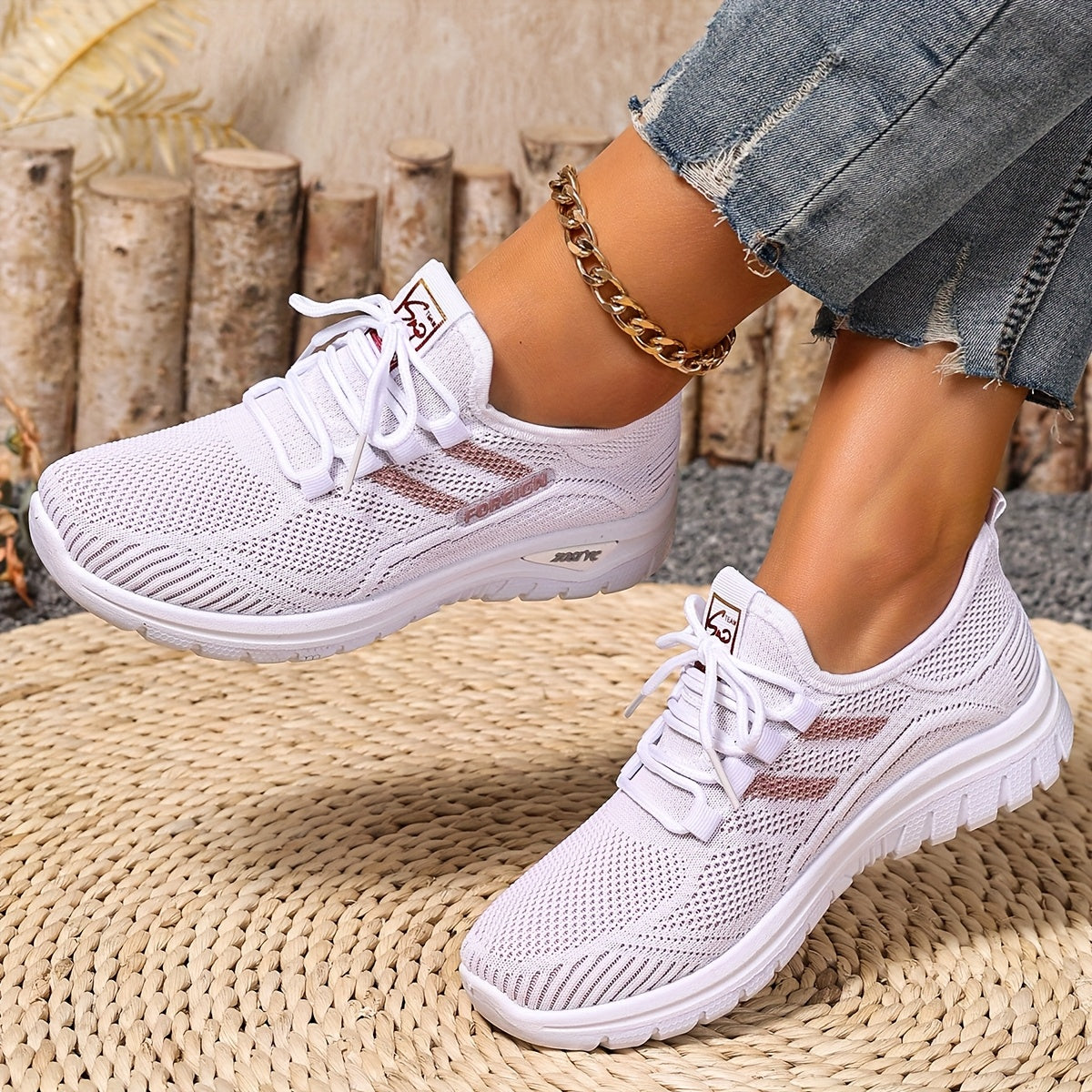Women Plus Size Breathable Mesh Sneakers Lightweight Running Shoes White Pink