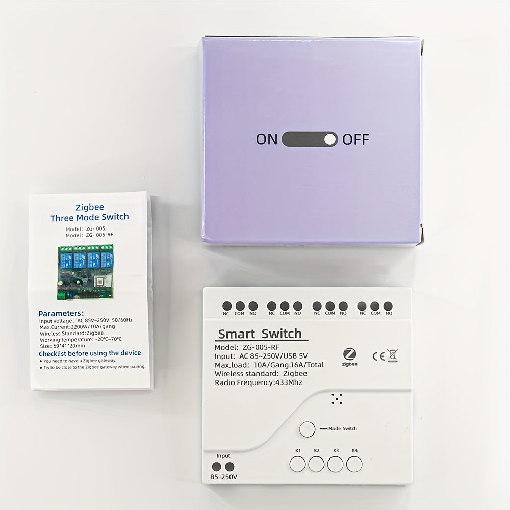 4-Way Zigbee Relay Switch with Remote Control AC85V-250V USB5V 2200W