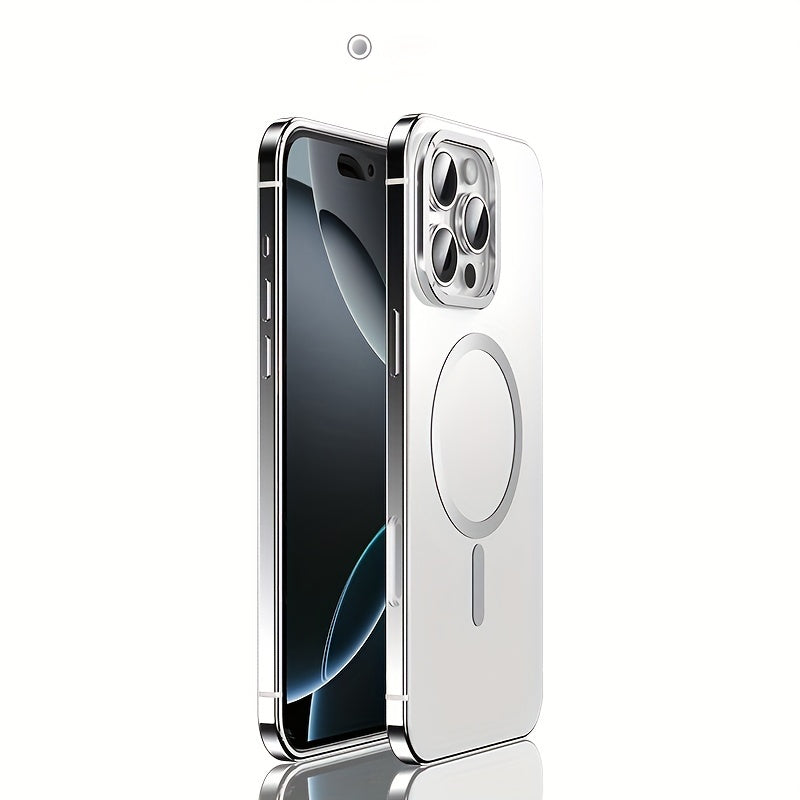 iPhone 16 Pro Max Case Stainless Steel Frame Magnetic Wireless Charging Frosted PC Back Cover
