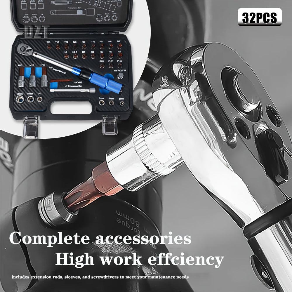 32PCS Turntable Wrench Set Chrome Vanadium Steel Ratchet 1/4-Inch Durable Tools