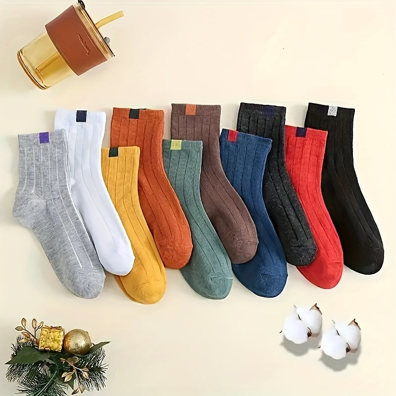 Men's and Women's Striped Mid-Calf Socks 10 Pairs Breathable Polyester Knit