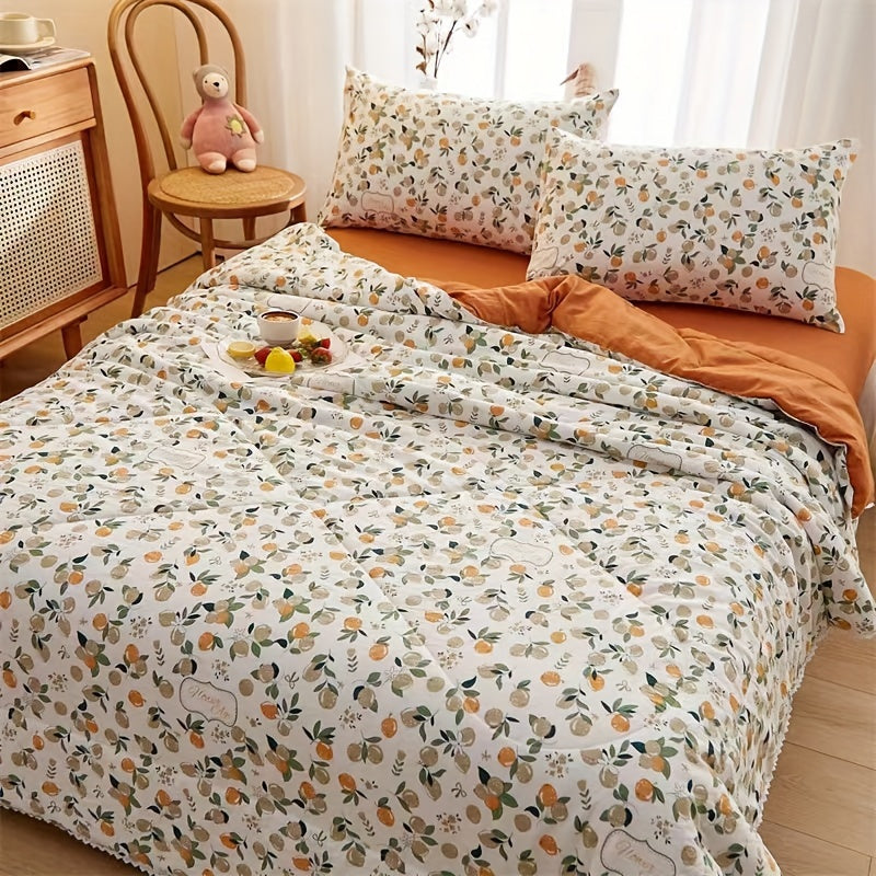 Floral and Fruit Pattern Quilt Bedspread with Scalloped Edge Soft Liner All-Season Polyester Bedding