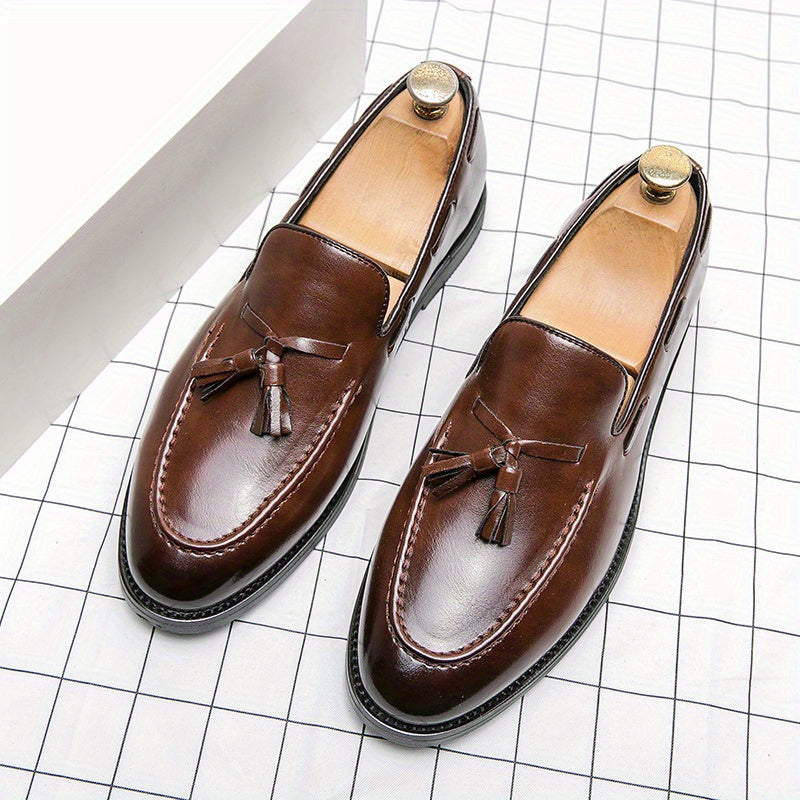 Men's Leather Tassel Loafers Business Casual Slip-On Oxfords Round Toe