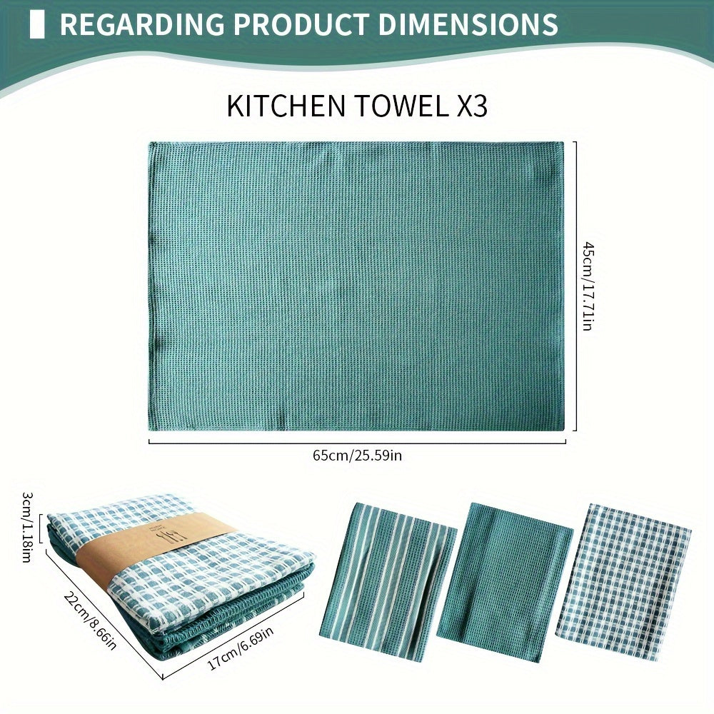 Set of 3 Large Kitchen Towels in Green Plaid and Striped Waffle Weave 45x65 cm