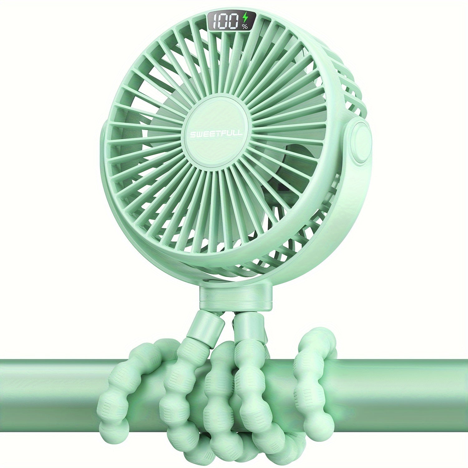 SWEETFULL Портативный вентилятор для коляски с LED-дисплеем, мини-вентилятор с 4 скоростями и перезаряжаемой батареей для личного охлаждения в пути.