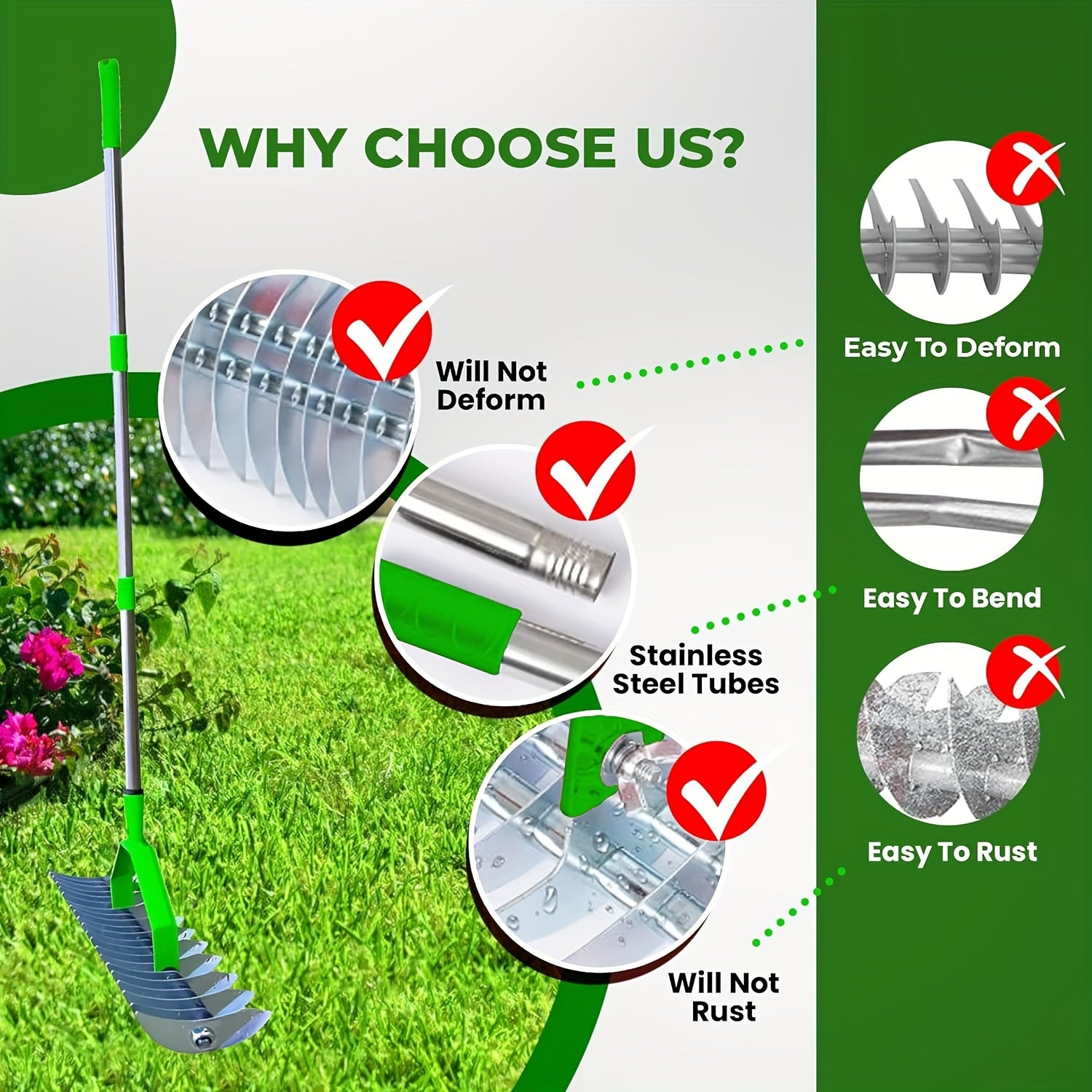 Metal Thatching Rake 12.8 Inch with Anti-Slip Handle for Garden and Yard Maintenance