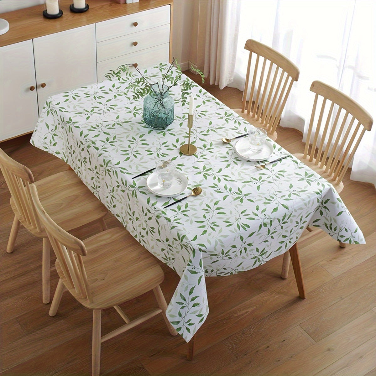 Vinyl Tablecloth Waterproof Oil-Resistant Rectangular Lemon Leaf Pattern for Kitchen Dining