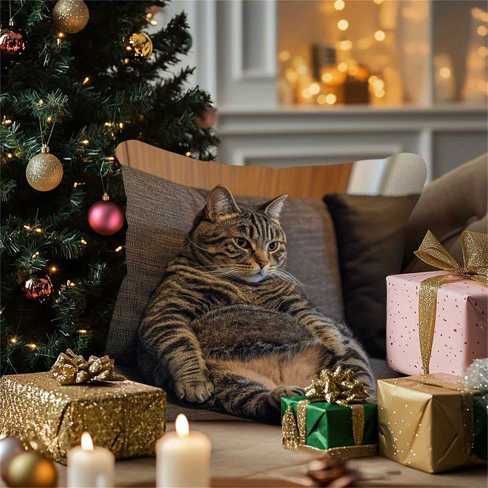 Double-Sided Cozy Fat Cat Throw Pillow Cover Soft Polyester Winter Decor Farmhouse Style for Couch and Car
