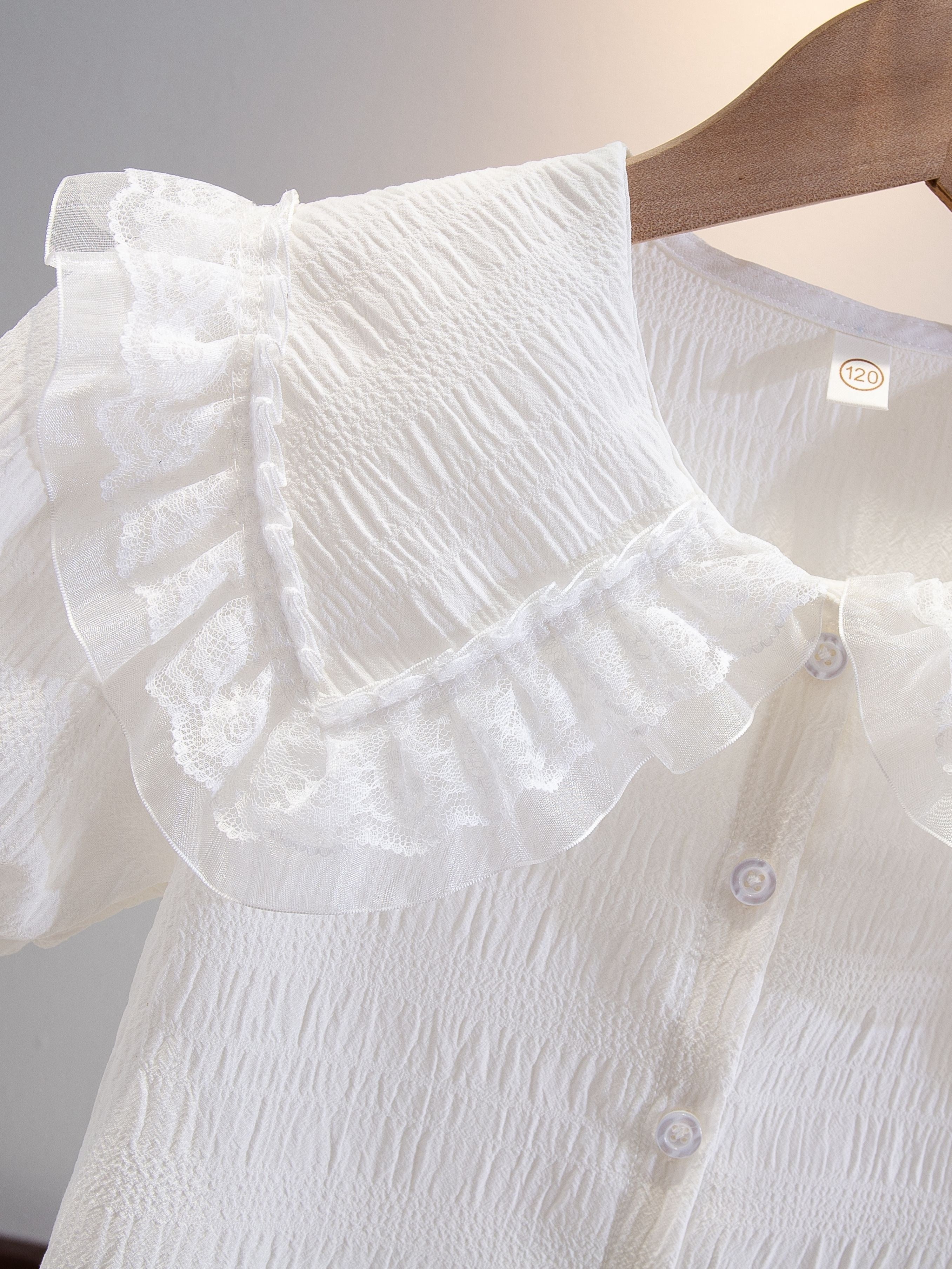 Белая короткая рубашка с рюшами для девочек с вышитым шифоном и кружевным воротником для малышей и детей