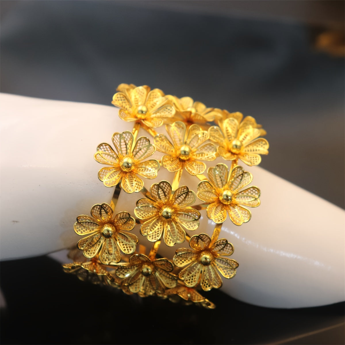 Gold Flower Bangle Bracelet with Rhinestones for Formal Events
