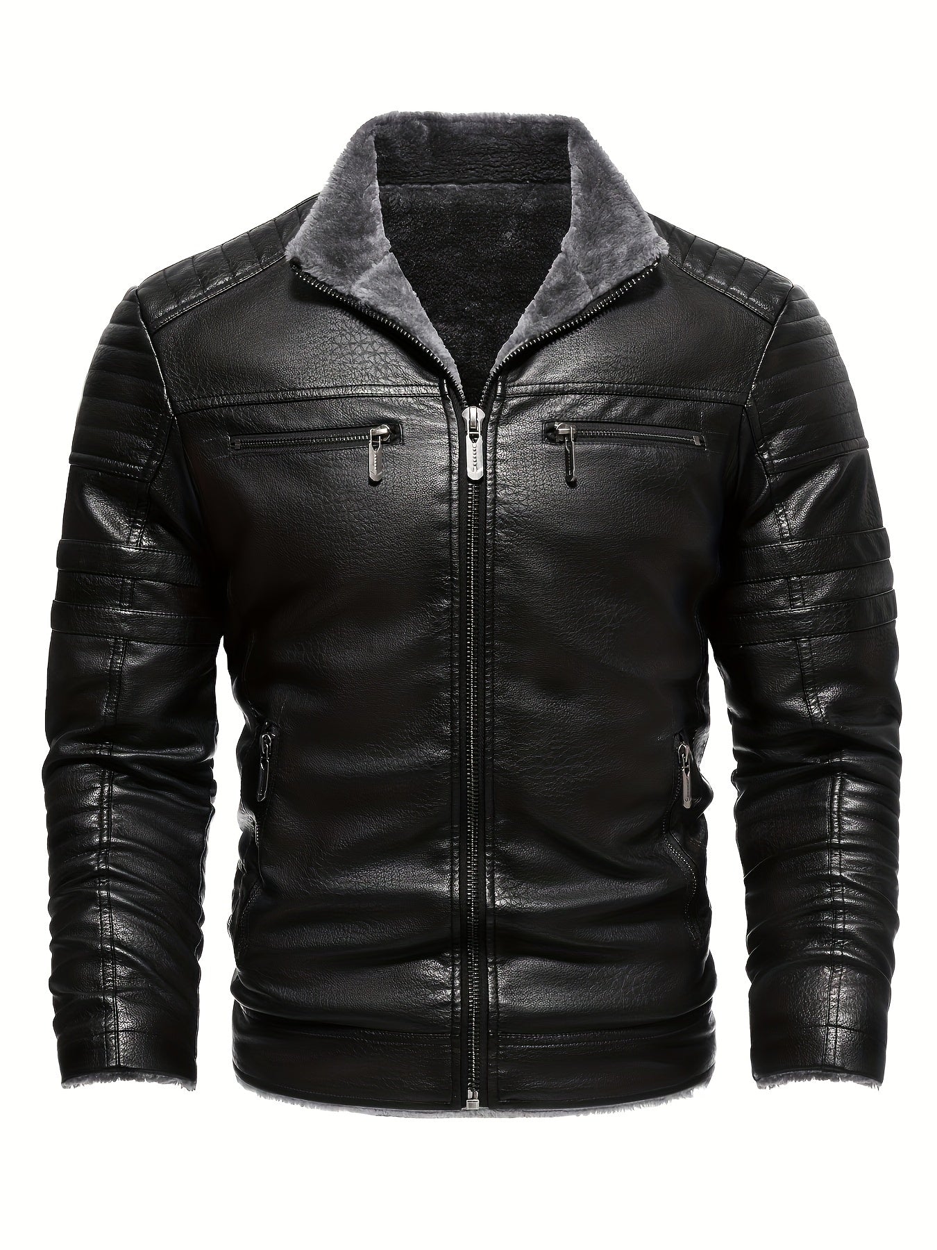 Men's Faux Leather Biker Jacket with Fleece Lining Fall Winter Casual Slim Fit