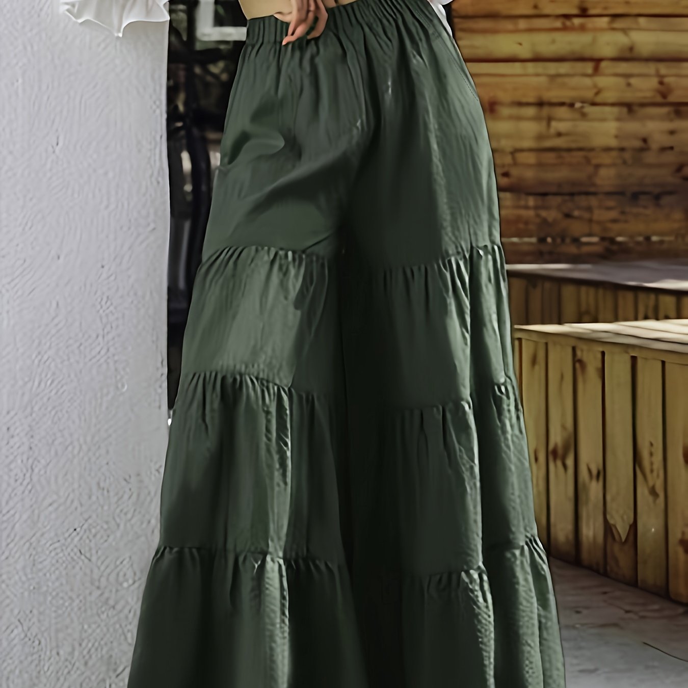 Women's Plus Size Green High-Waisted Wide Leg Pants Ruffle Tiered Casual