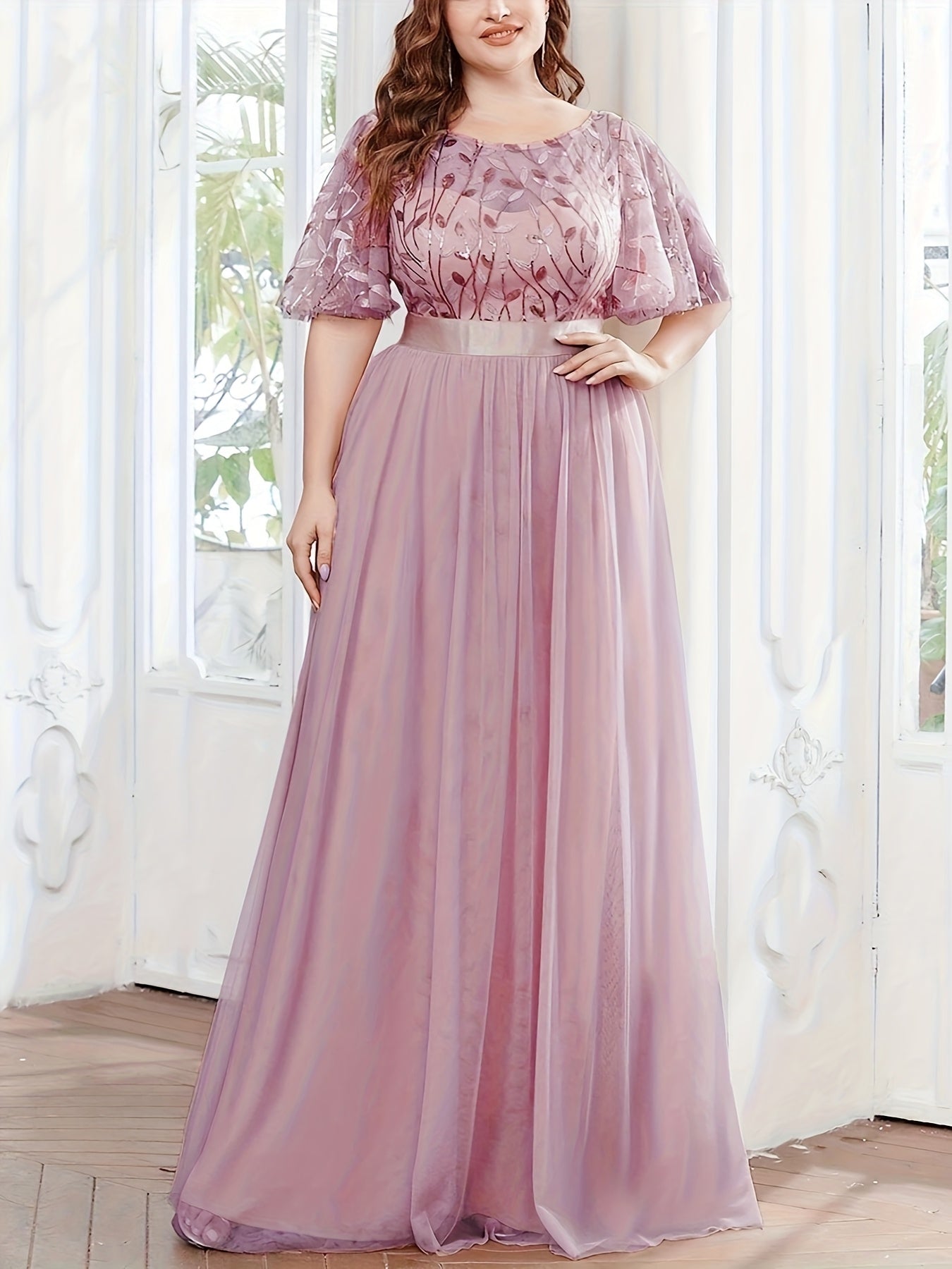 Women's Plus Size Evening Mesh Spliced Round Neck Dress