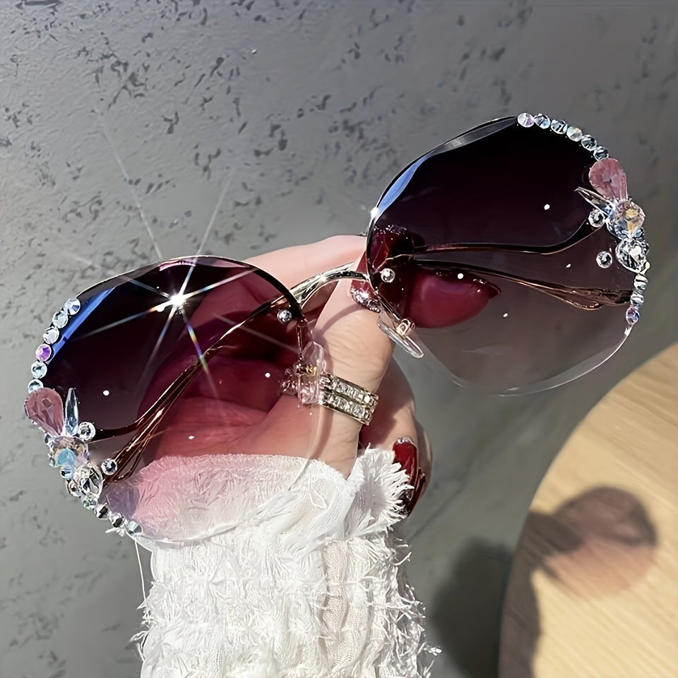 Women's Rimless Sunglasses with Rhinestones, Round Gradient Lens for Summer Beach Travel