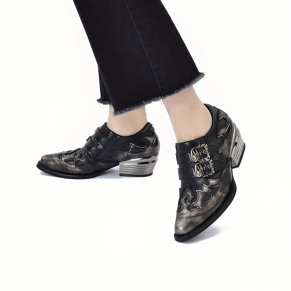 Women's Silver Brushed Retro British Style Ankle Boots with Flame Decoration