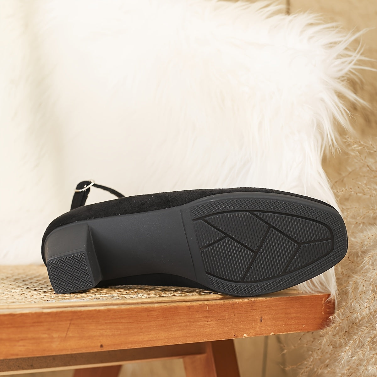 Women's Black Mary Jane Flats with Square Toe and Block Heel