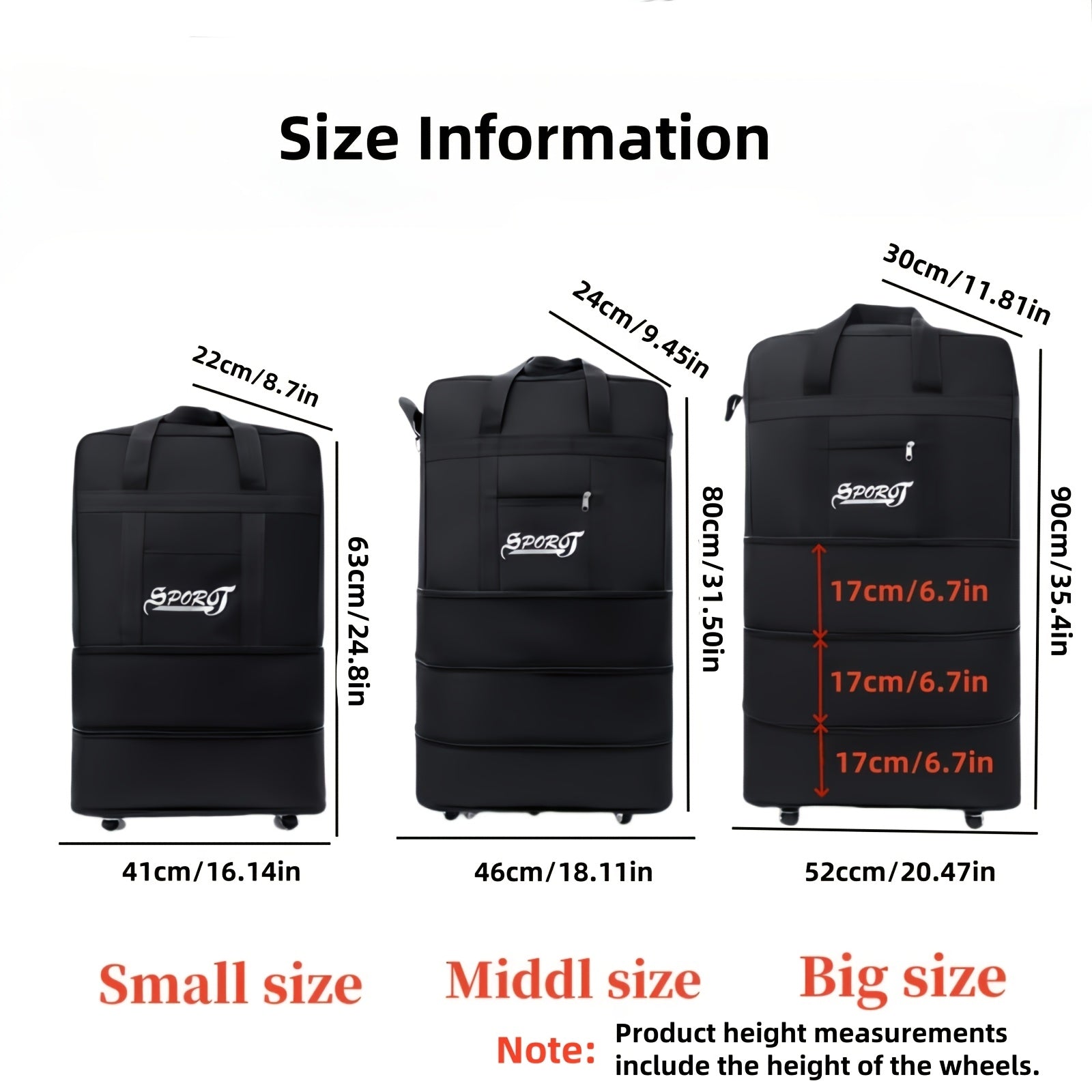 Katta hajmli yig‘iladigan sayohat sumkasi, suv o'tkazmaydigan Oxford sport sumkasi, aylanadigan g‘ildiraklar bilan