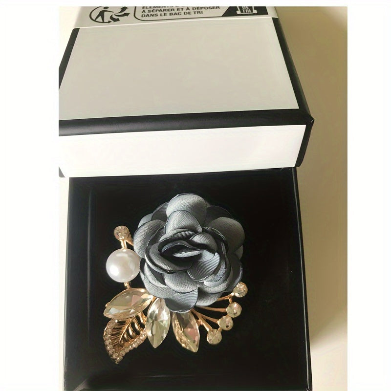 Metal Flower Brooch Pin with Rhinestones and Pearl Details Red and Grey Rose Design Gift Box Fashion Accessory