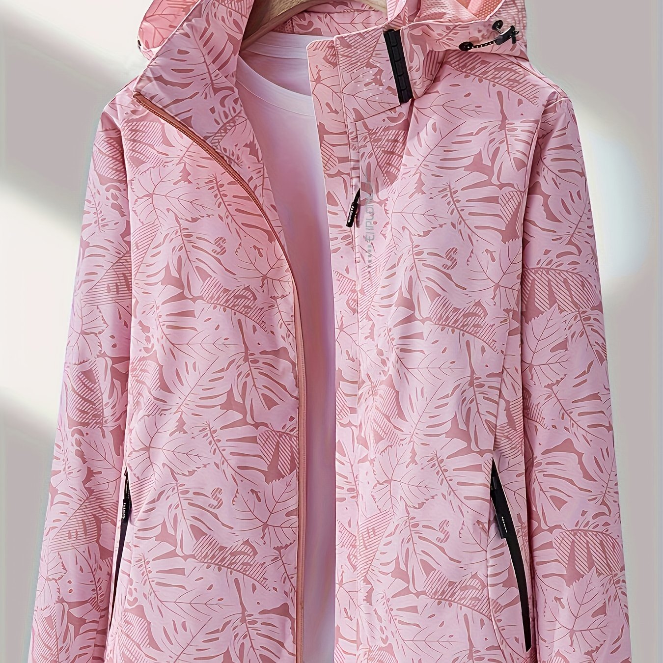 Women's Waterproof Windbreaker Jacket with Zipper Stand Collar and Random Print