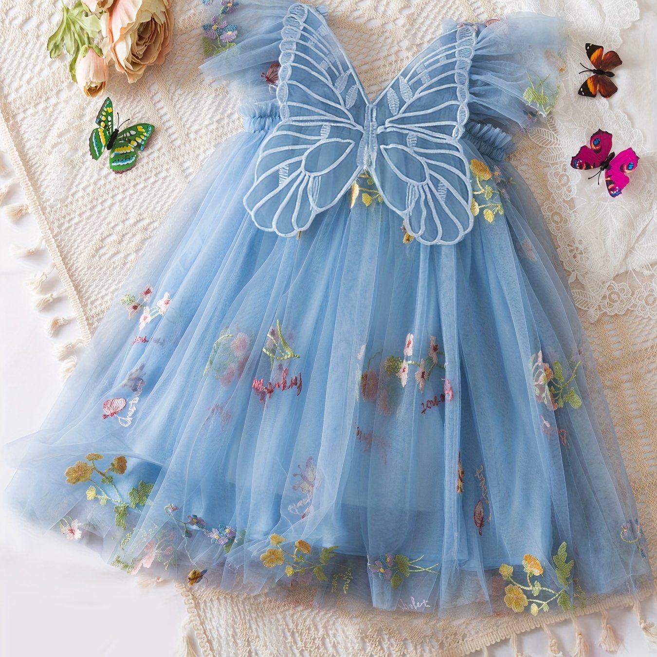 Girls Butterfly Princess Dress with Wings Floral Mesh for Girls Summer Holiday Party