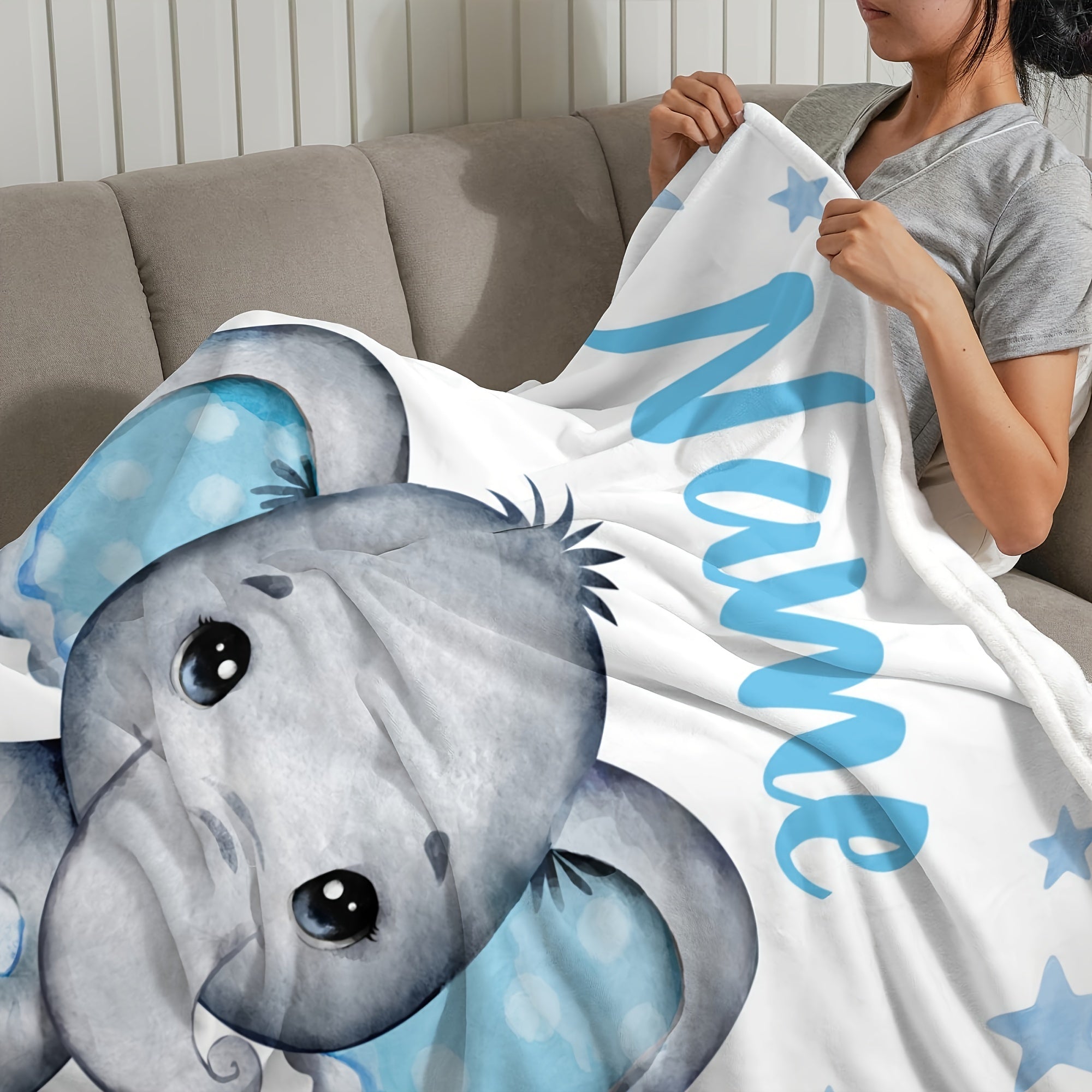 Customizable Elephant Design Flannel Blanket for Home Travel Office Soft Cozy