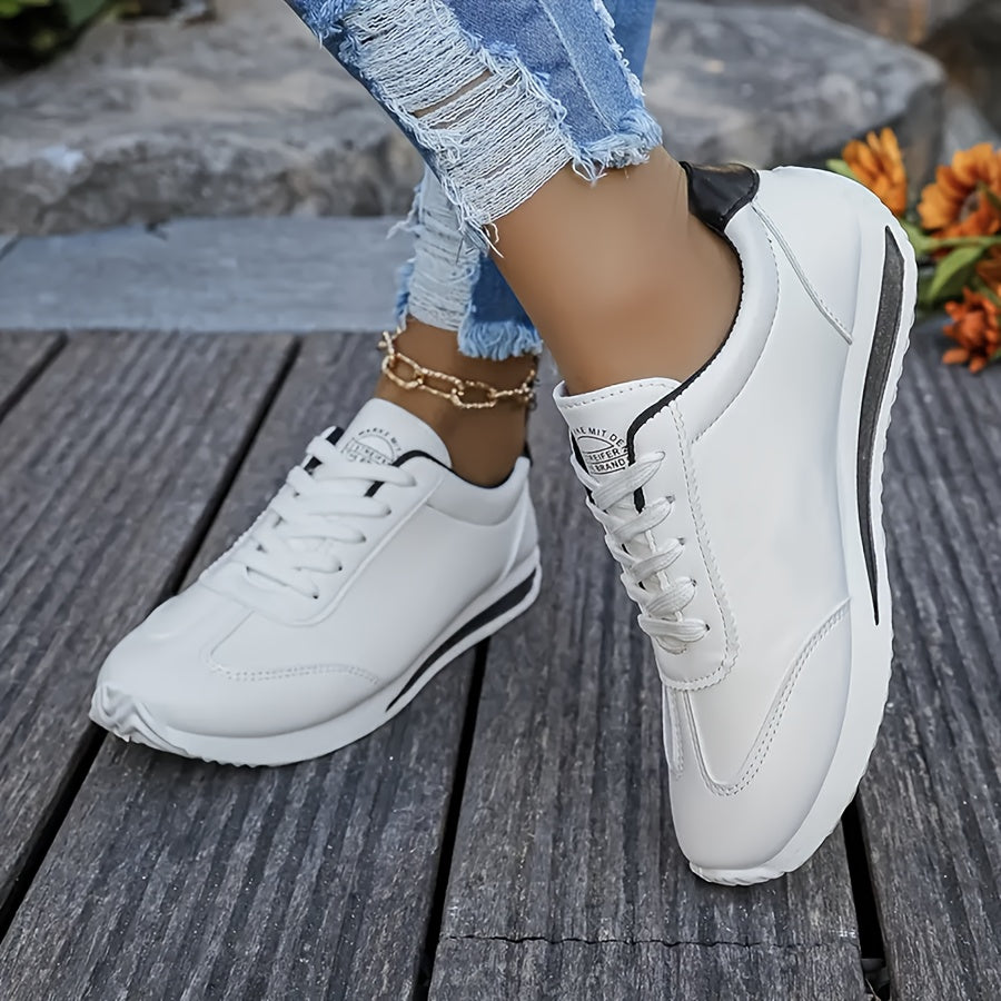 Women's White Breathable Casual Sneakers with Rubber Sole and Black Accents