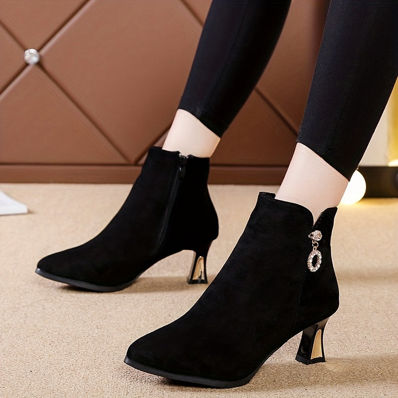 Women's Rhinestone Decor Block Heeled Boots Pointed Toe Side Zipper Short Boots