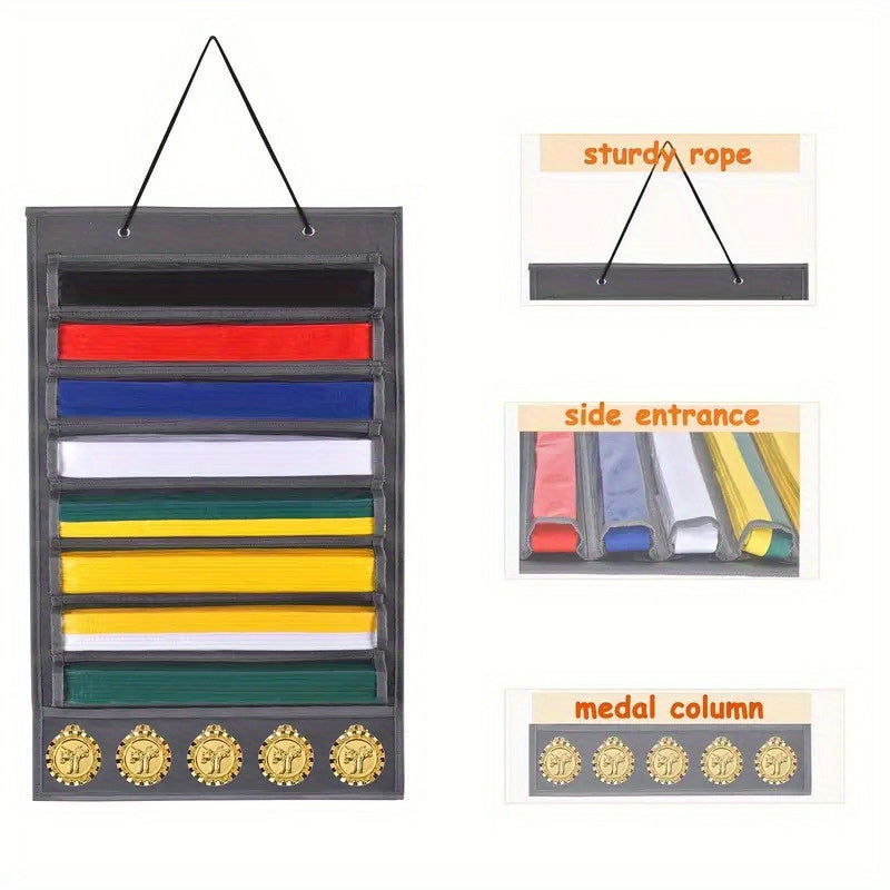 Display Rack for Martial Arts Belts and Medals Wall Storage with 9 Clear Pockets