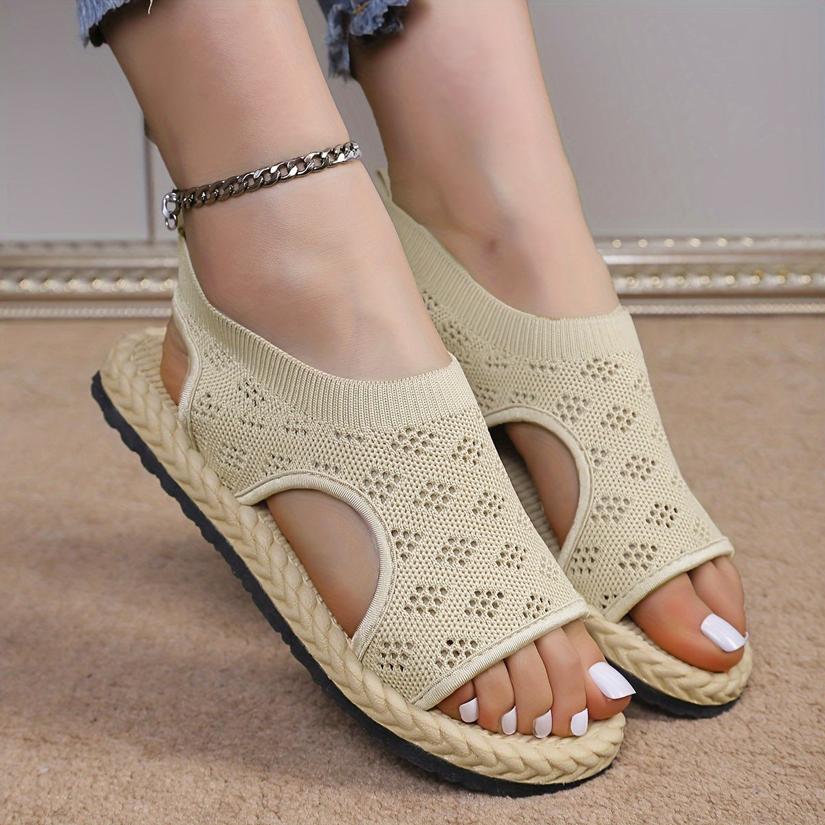 Women's Knit Slip-On Sandals Soft Sole Non-Slip Beach Shoes