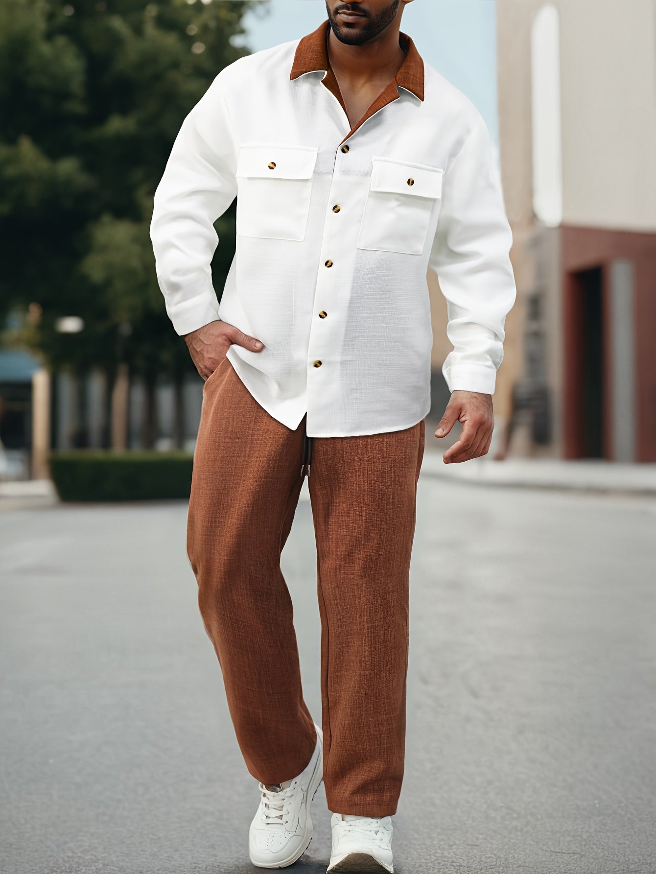 Long Sleeve Color Blocked Two-Piece Set with Suit Collar and Straight-Leg Trousers for Autumn Winter