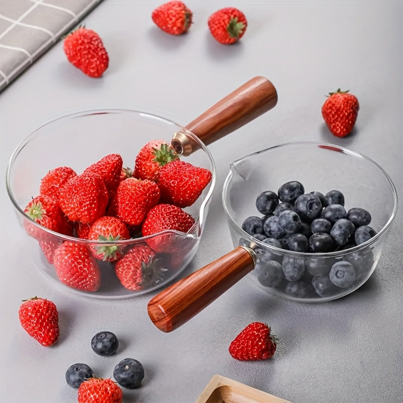 Qizil yog'och tutqichli shisha sut qozoni, yopishmaydigan qopqog' bilan, 450ml yoki 650ml